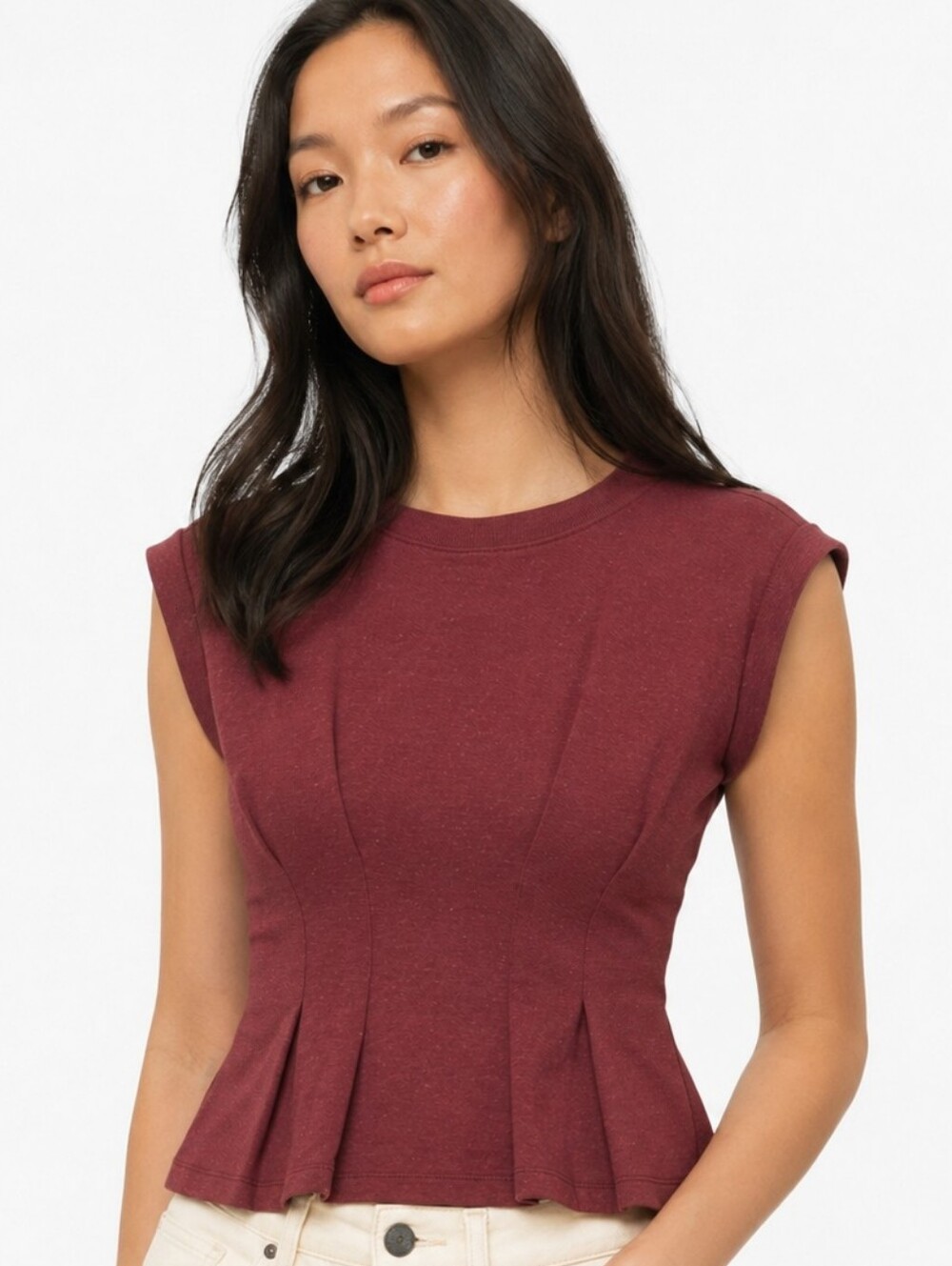 Nwt Maeve Structured Cap Sleeve Peplum Knit Top Heathered Burgundy Pleated Cinch